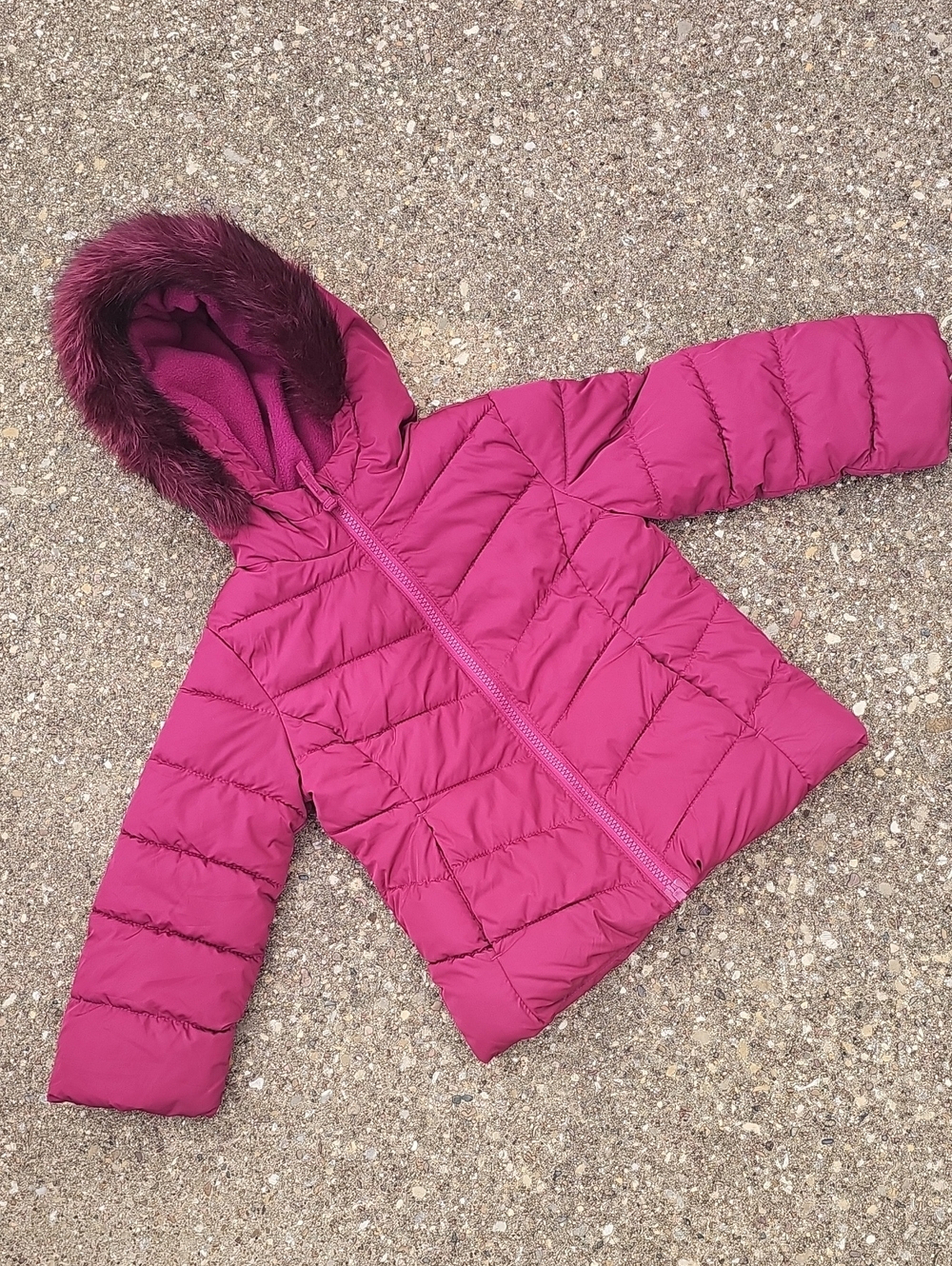The Children's Place Maroon Magenta Hooded Puffer Jacket Faux Fur Trim 3T